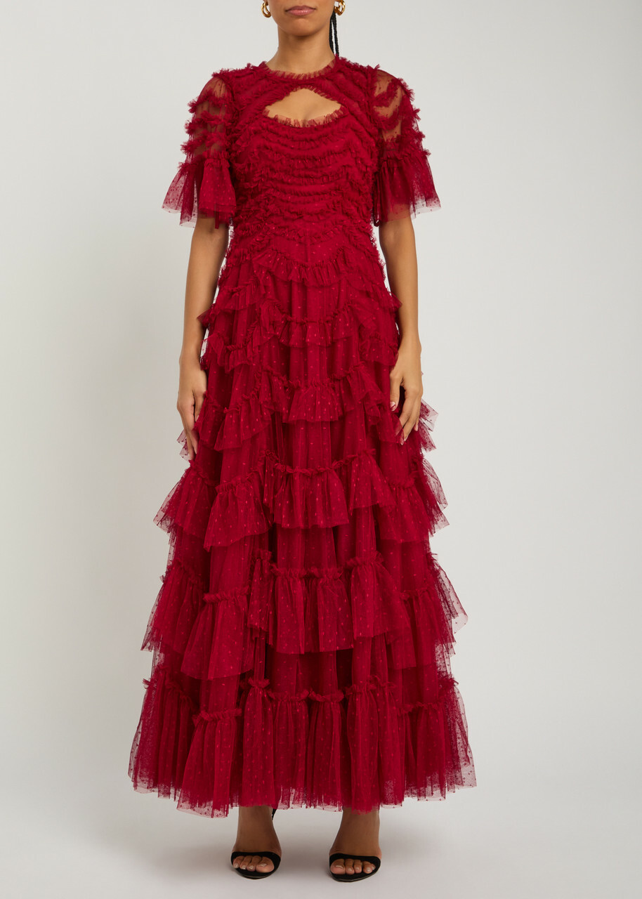 Needle & Thread Aviana Ruffled Embroidered Tulle Gown Red