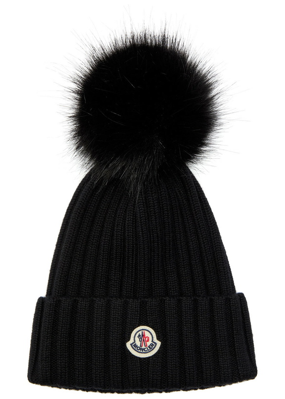Photo: Moncler Ribbed Wool Bobble hat - Black - One Size