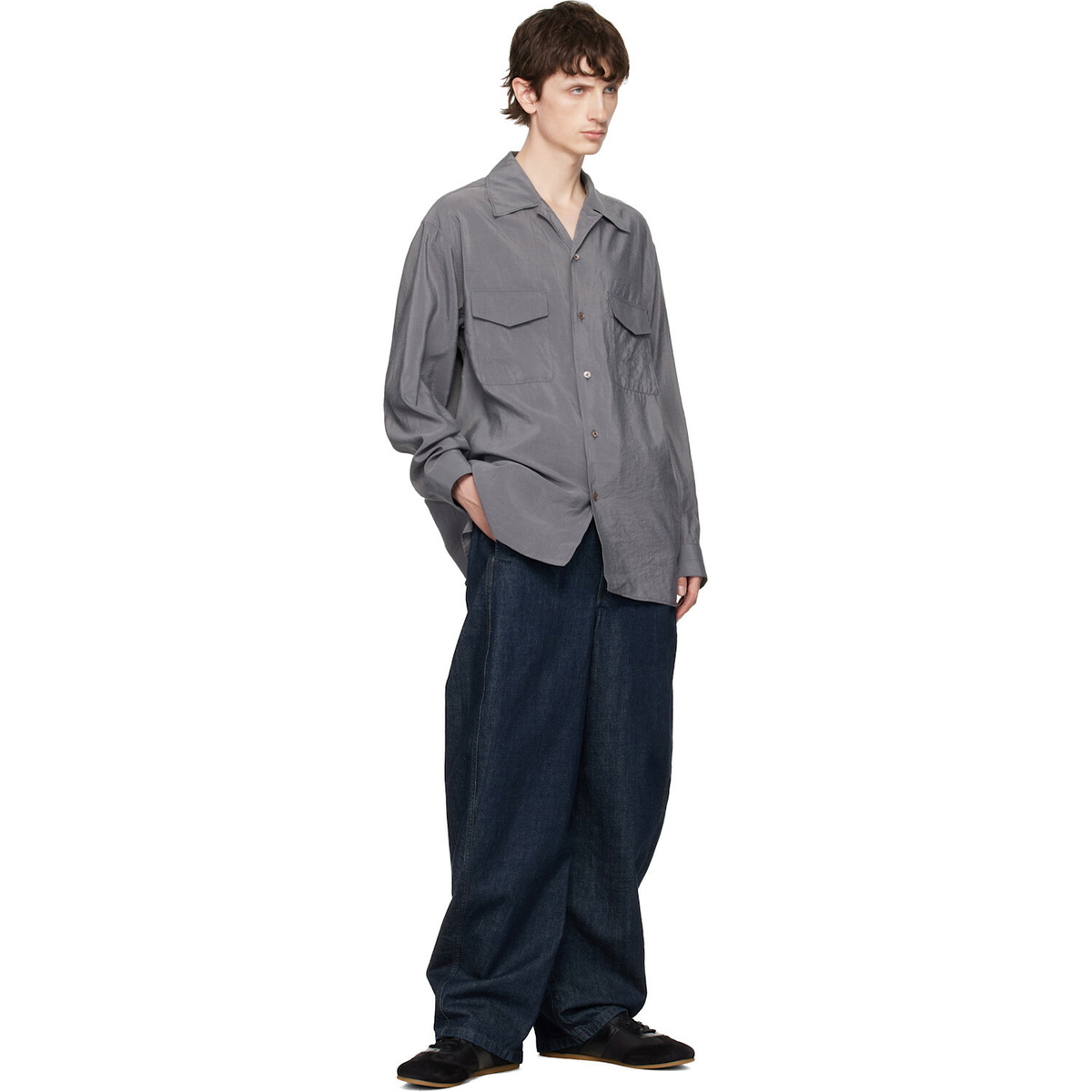 LEMAIRE Gray Convertible Collar Dry Silk Shirt
