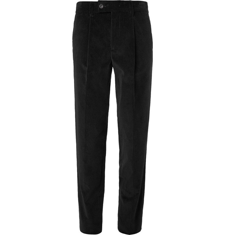 Photo: Mr P. - Slim-Fit Tapered Pleated Cotton-Corduroy Trousers - Men - Black