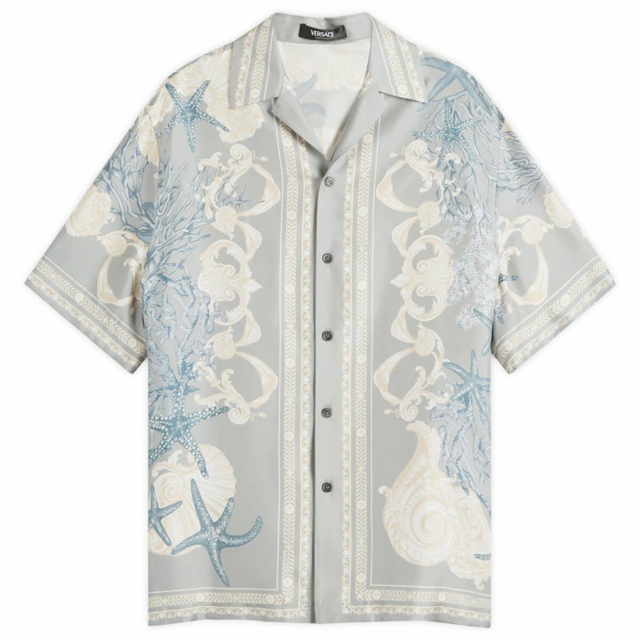 Photo: Versace Men's Baroque Silk Vacation Shirt in Cocrete Dusty Blue Bone