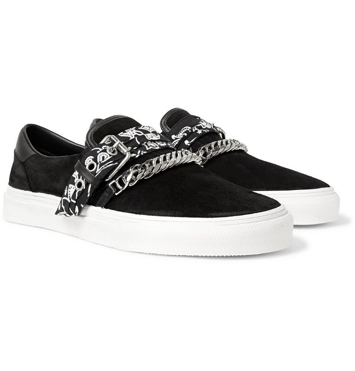 Photo: AMIRI - Embellished Leather-Trimmed Suede Slip-On Sneakers - Black