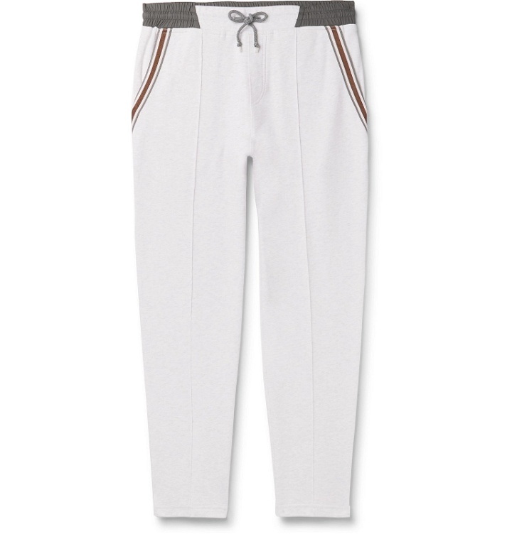 Photo: Brunello Cucinelli - Slim-Fit Tapered Stripe-Trimmed Melangé Cotton-Blend Jersey Sweatpants - Gray