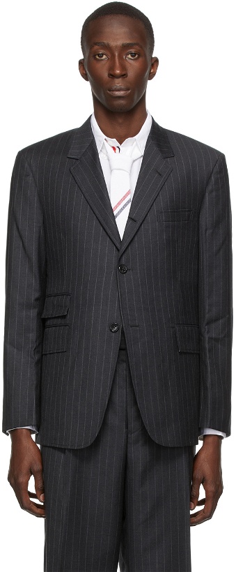 Photo: Thom Browne Grey Wool Pinstripe Single Vent Sport Coat Blazer