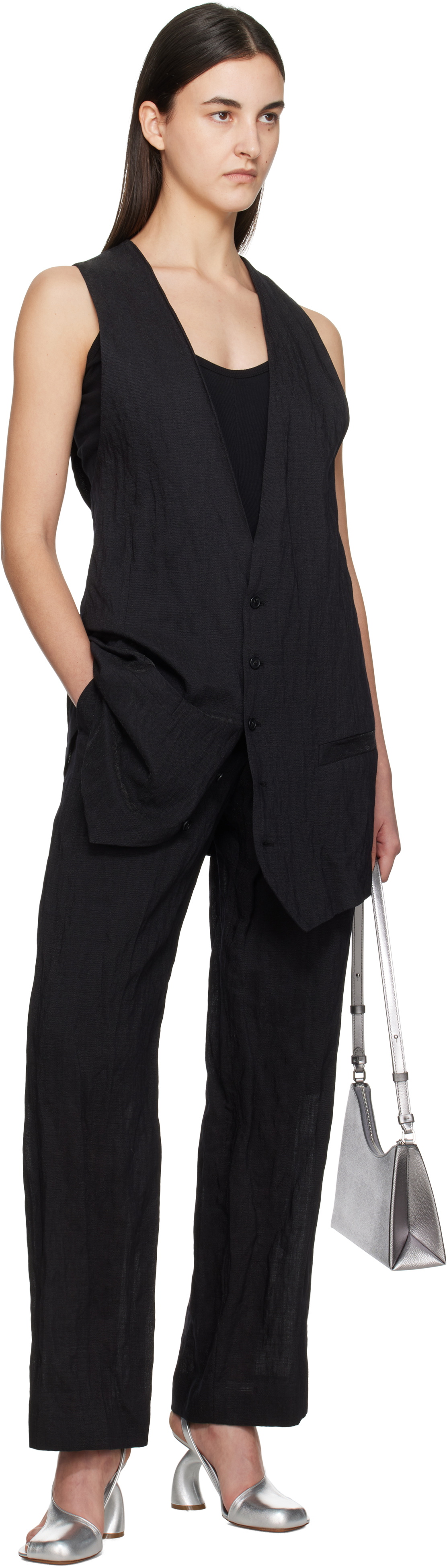 MM6 Maison Margiela Black Crinkled Metallic Tailoring Vest