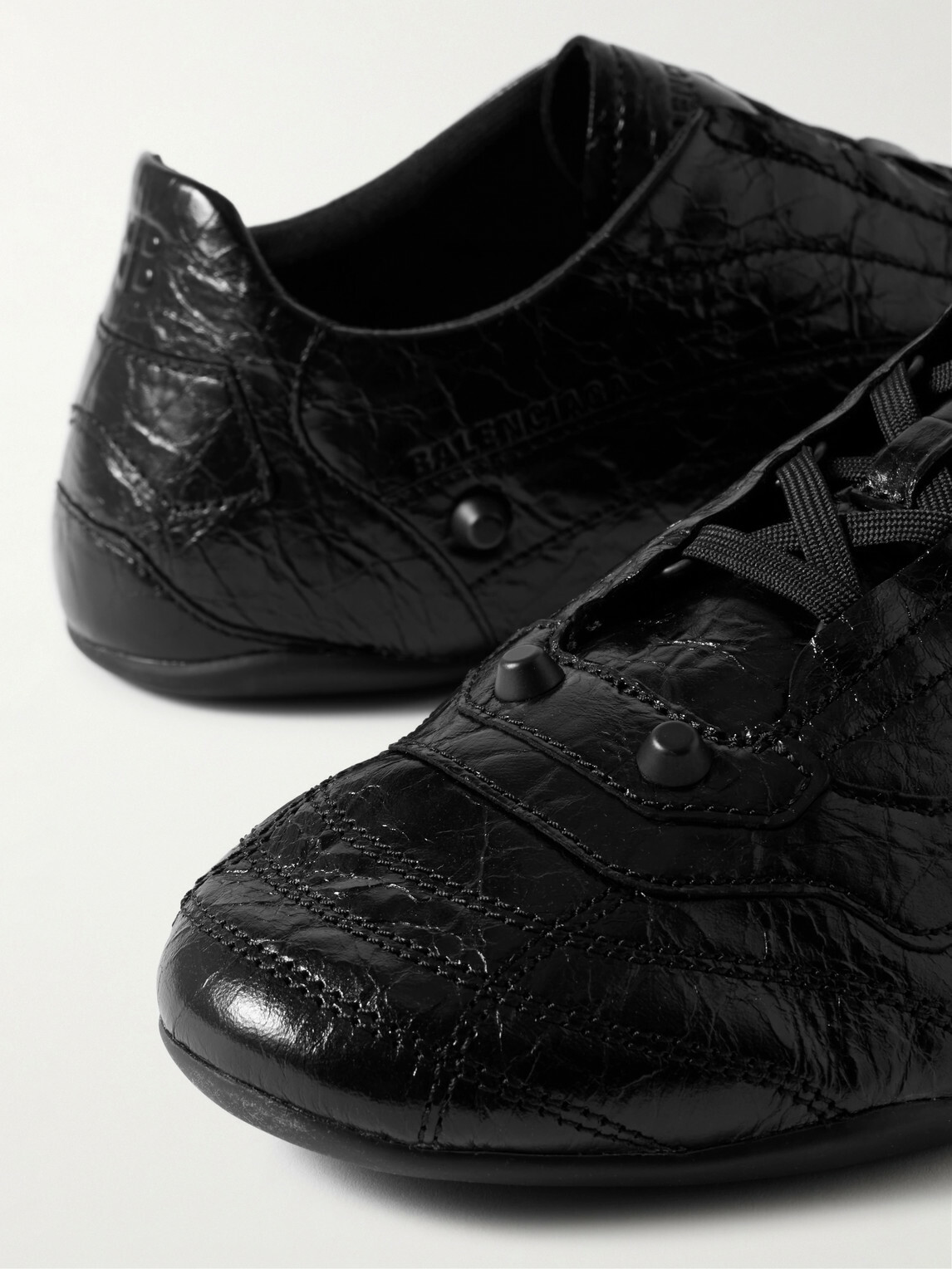 Balenciaga - City Studded Cracked Leather Sneakers - Black