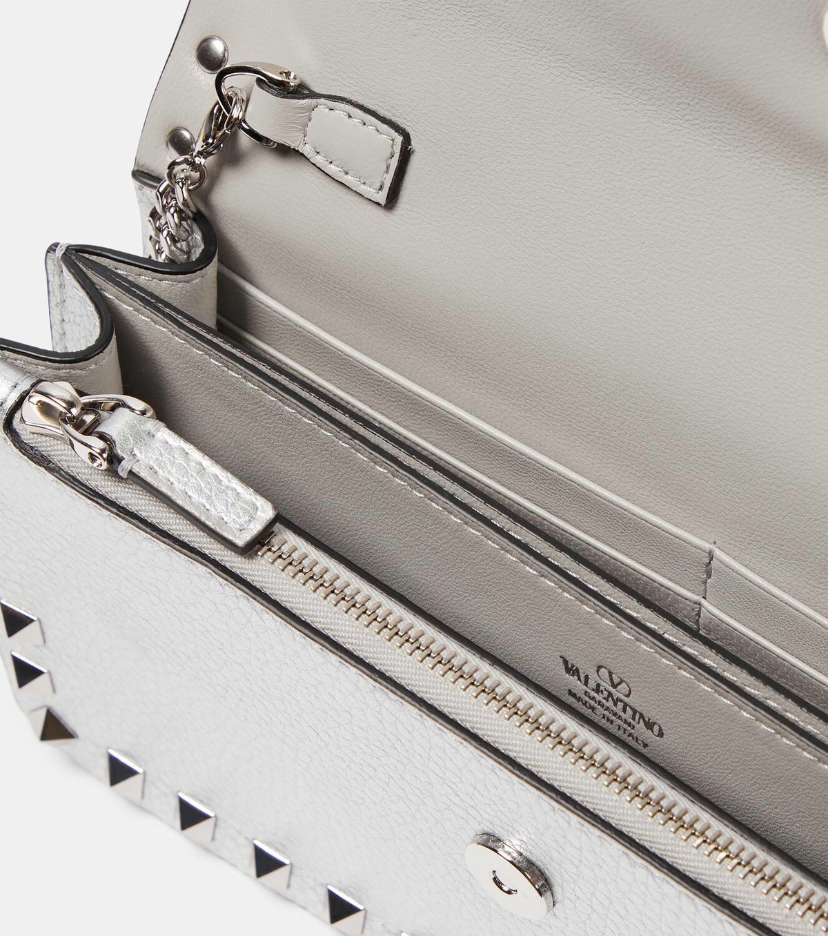 Valentino Garavani Rockstud metallic leather wallet on chain