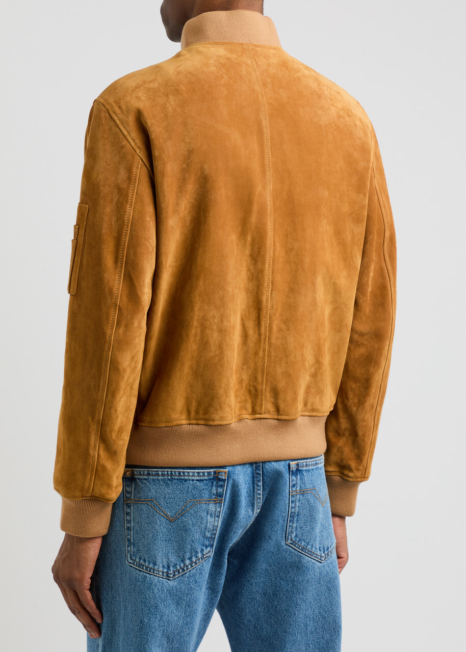 Versace Logo-debossed Suede Bomber Jacket Tan