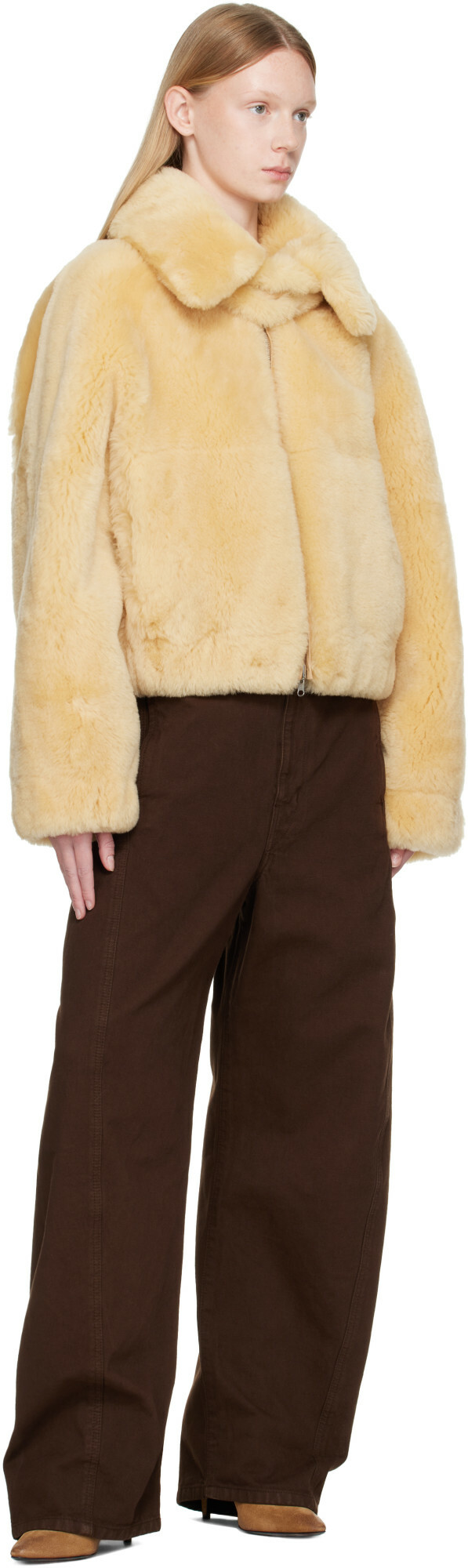 Helmut Lang Beige Reversible Shearling Bomber Jacket