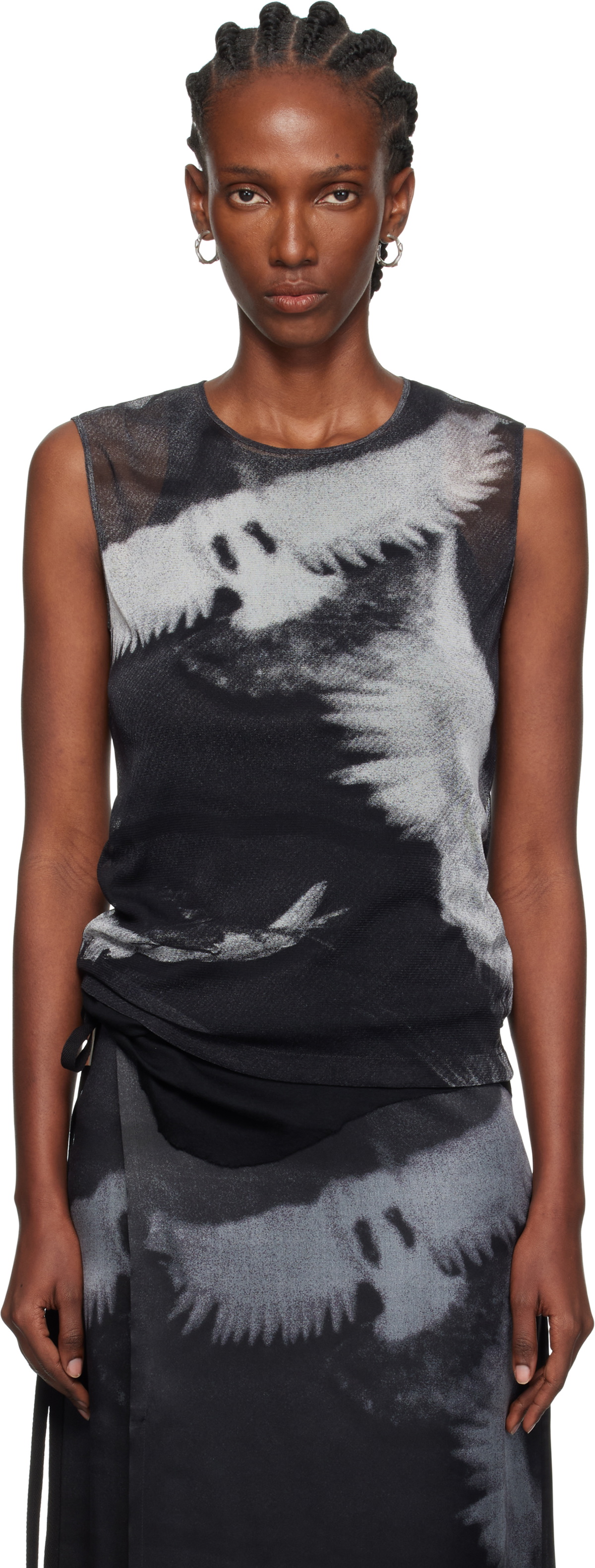 Ann Demeulemeester Black & Gray Doves Printed Tulle Tank Top