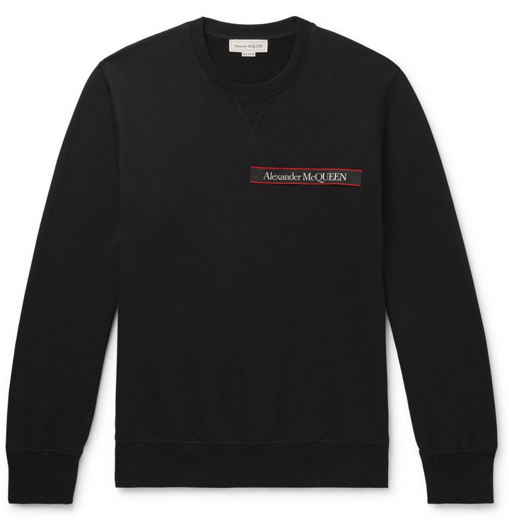 Photo: ALEXANDER MCQUEEN - Slim-Fit Logo-Print Webbing-Trimmed Looback Cotton-Jersey Sweatshirt - Black