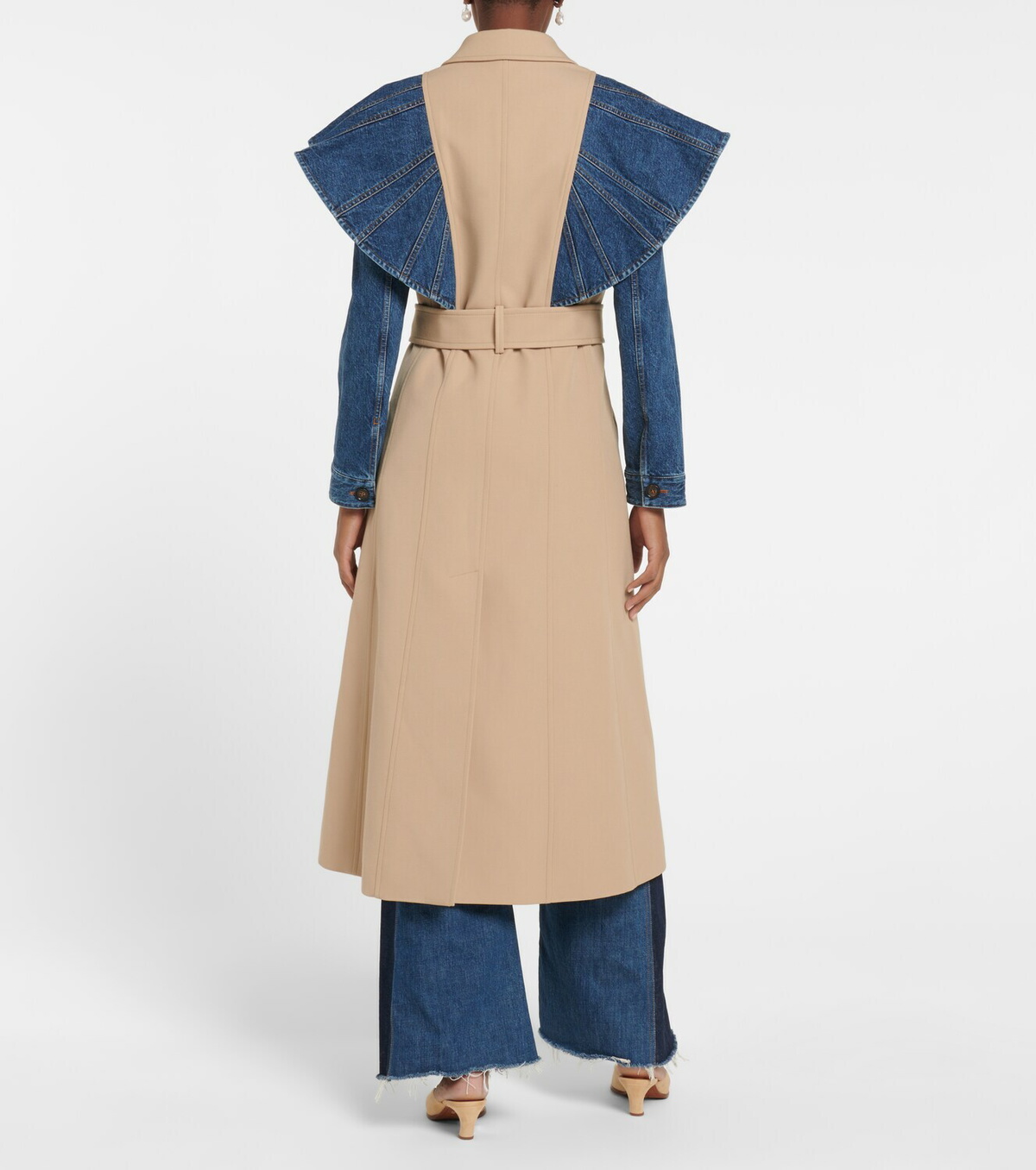 Denim-paneled twill trench coat