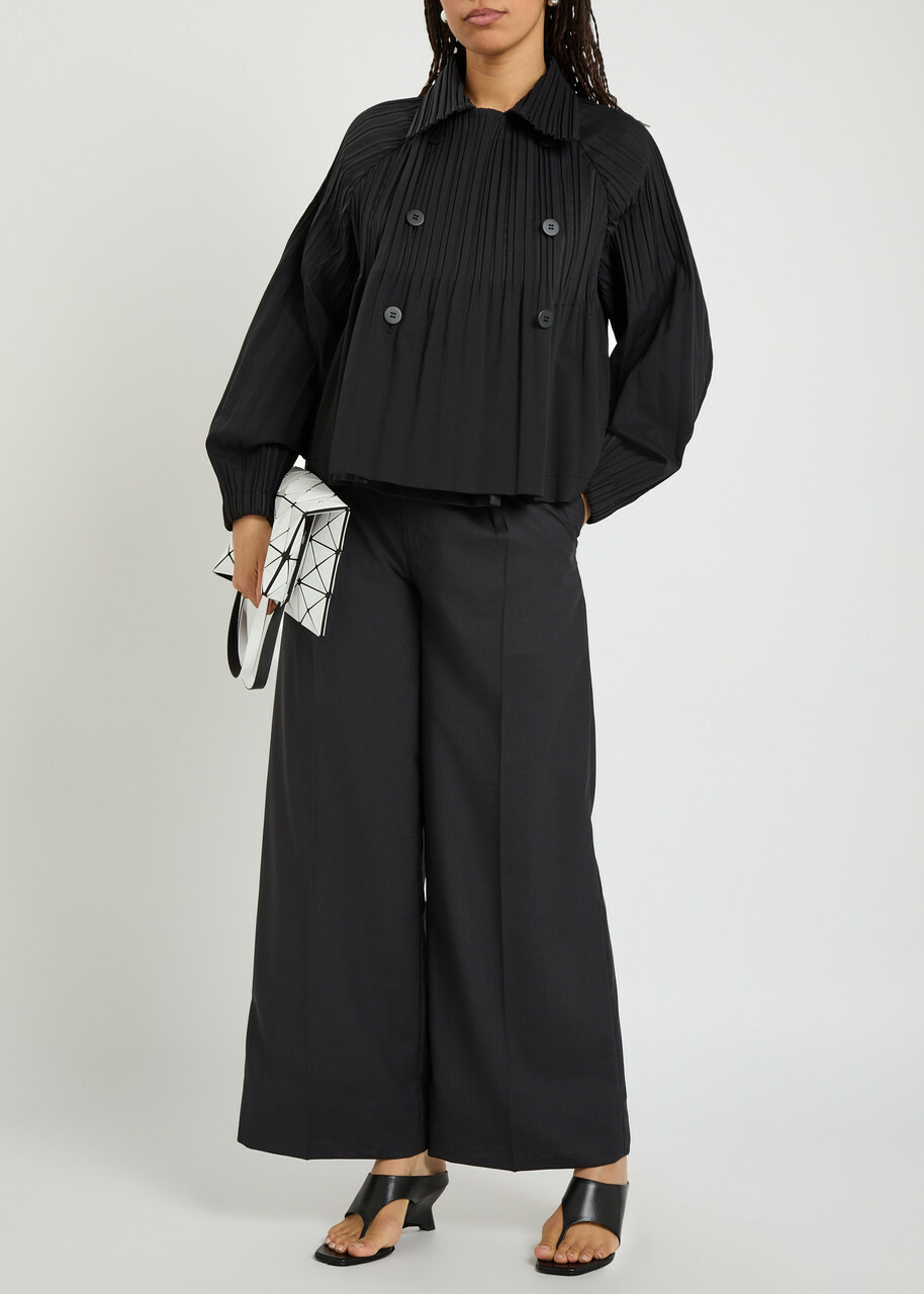 Pleats Please Issey Miyake Double-breasted Pleated Woven Coat Black