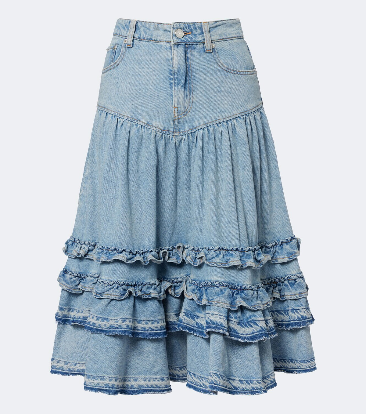 Ganni Ruffled denim midi skirt