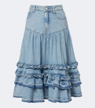 Ganni Ruffled denim midi skirt