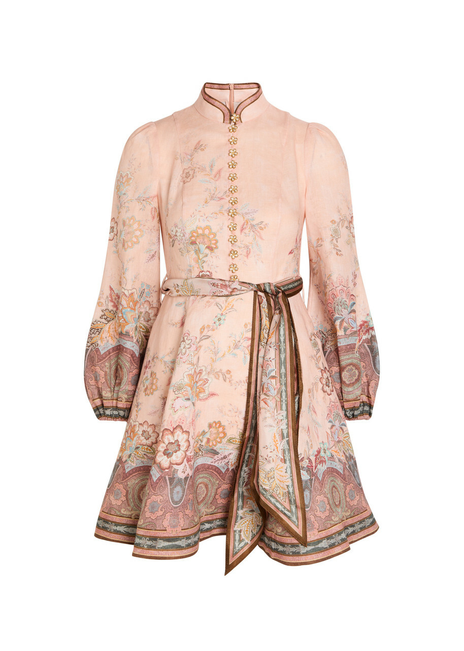 Zimmermann Alchemy Floral-print Belted Linen Mini Dress Pink