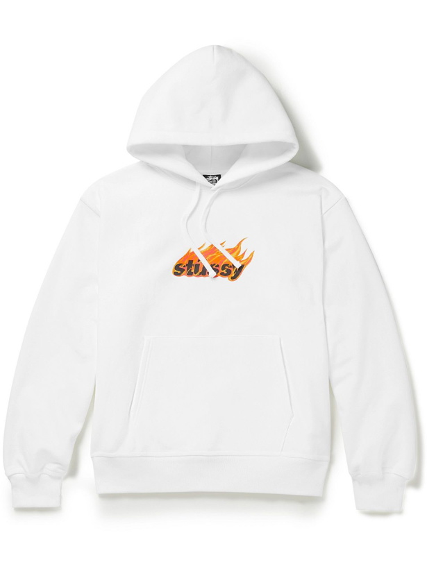 Photo: Stussy - Flames Logo-Print Cotton-Blend Jersey Hoodie - White