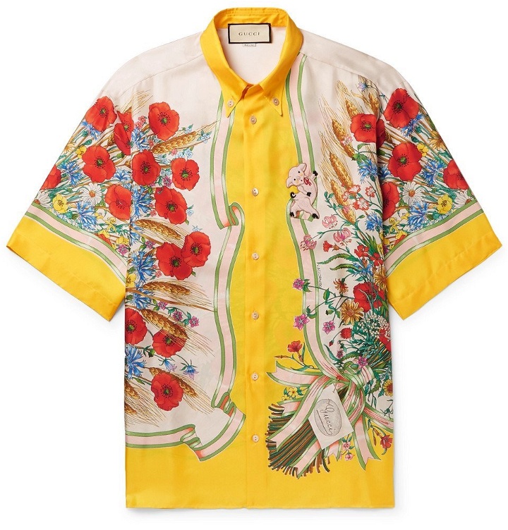 Photo: Gucci - Button-Down Collar Embroidered and Printed Silk-Satin Shirt - Men - Yellow