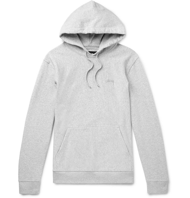 Photo: Stüssy - Logo-Embroidered Mélange Loopback Cotton-Jersey Hoodie - Gray