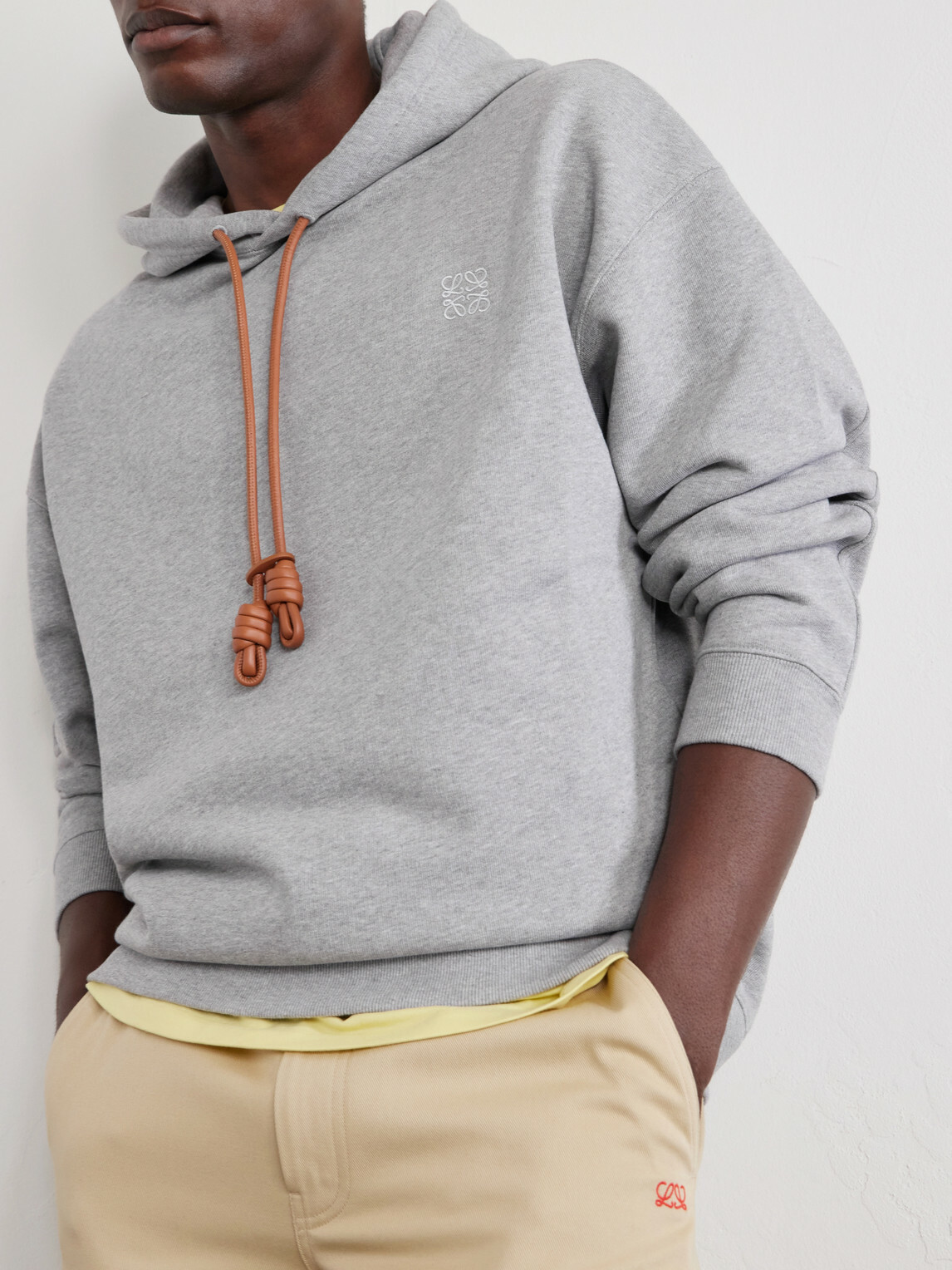 LOEWE - Anagram-Embroidered Leather-Trimmed Cotton-Fleece Hoodie - Gray