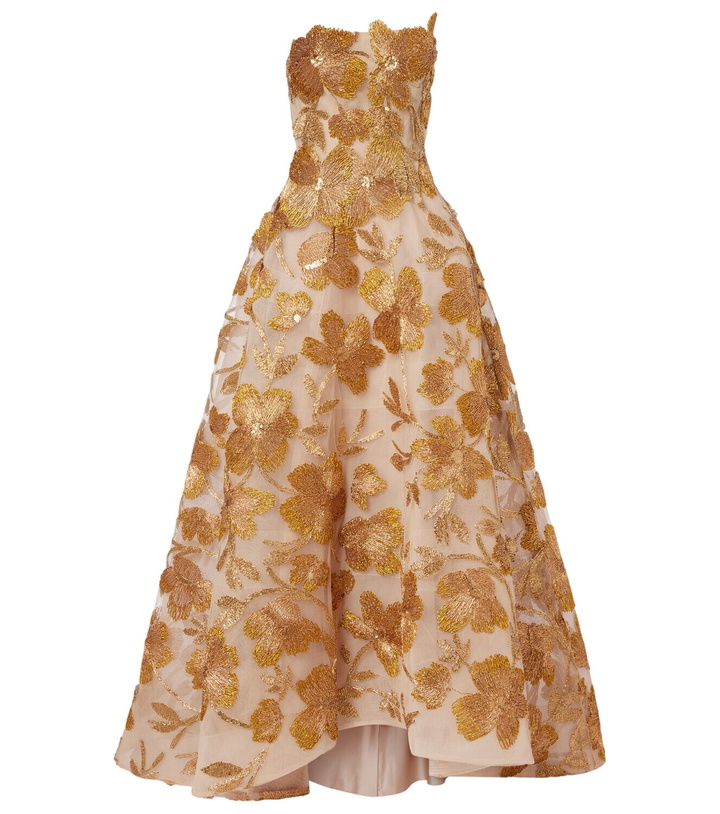 Photo: Monique Lhuillier Embroidered strapless raffia-blend gown