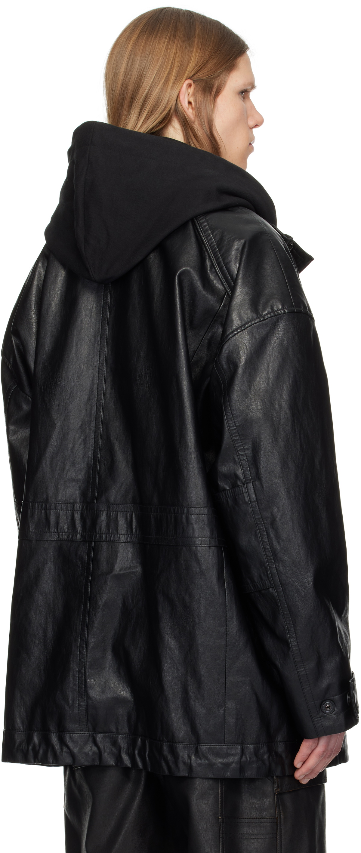 Juun.J Black Hood Detachable Car Faux-Leather Coat