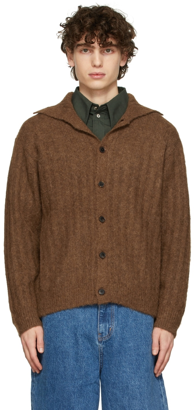 Norse Store  Shipping Worldwide - Auralee Super Hard Twist Rib Knit  Cardigan - Brown