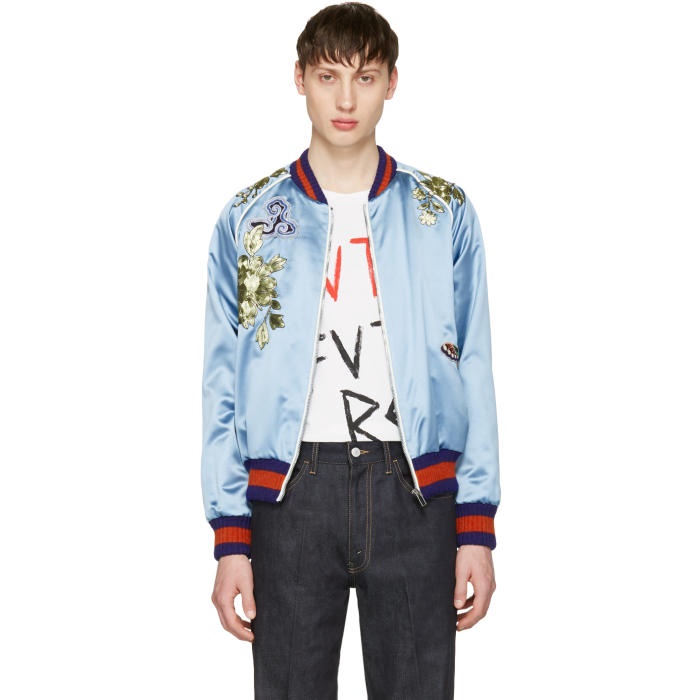 Photo: Gucci Blue Embroidered Silk Bomber Jacket