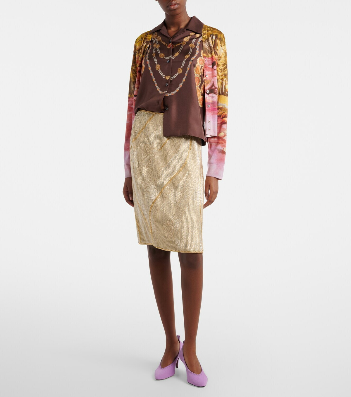 Versace Embellished crêpe de chine midi skirt
