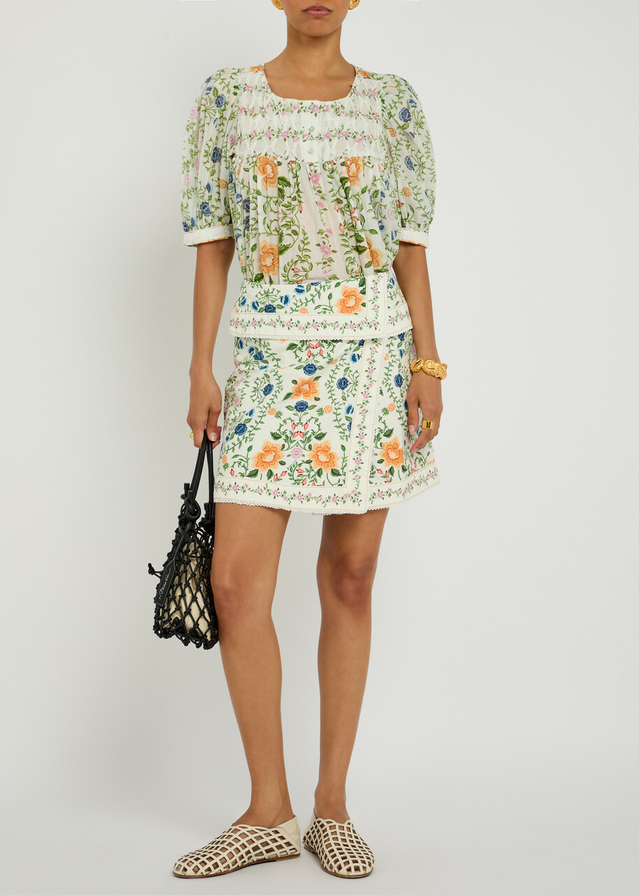 Farm Rio Folk Floral-print Cotton Blouse Multicoloured
