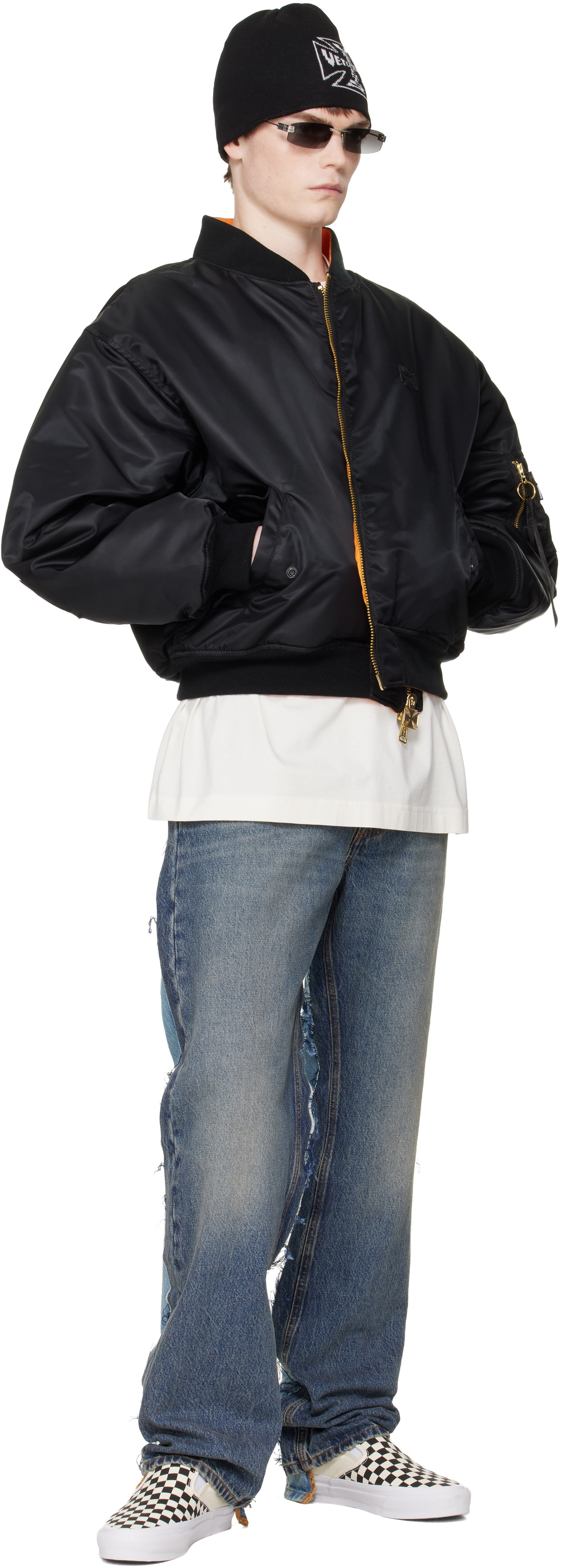 VETEMENTS Black Leather Crosses Bomber Jacket