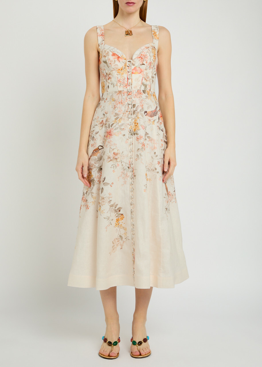 Zimmermann Luna Floral-print Linen Midi Dress Cream