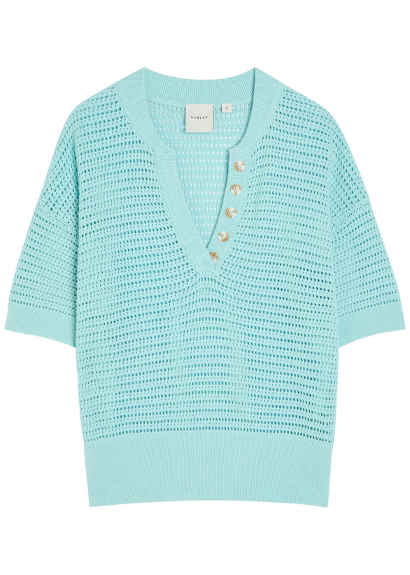 Photo: Varley Callie Open-knit Cotton Polo top Light Blue