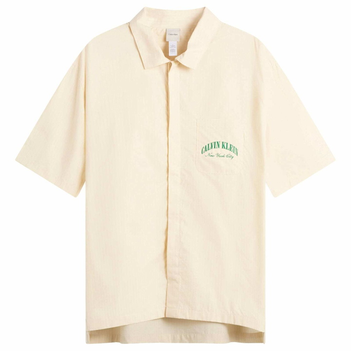 Photo: Calvin Klein Men's Heritage Crest Cotton Poplin Short Sleeve Shirt in Slim Stripe Chalk