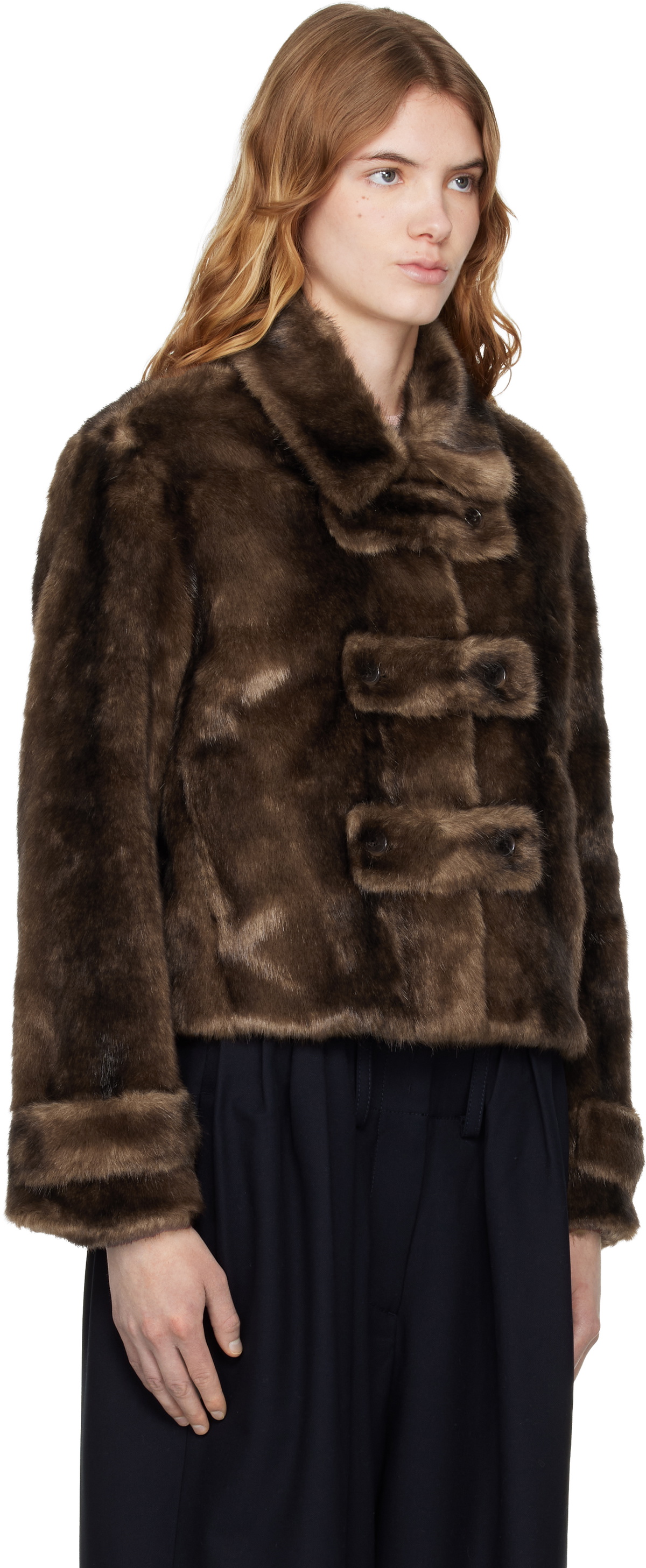 OPEN YY Brown Faux Fur Tab Toggle Jacket