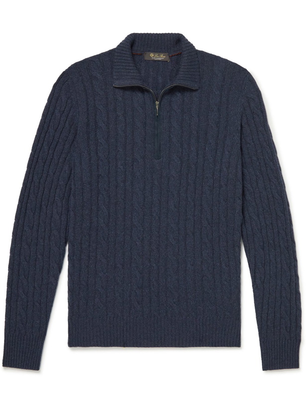 Photo: LORO PIANA - Suede-Trimmed Cable-Knit Baby Cashmere Half-Zip Sweater - Blue