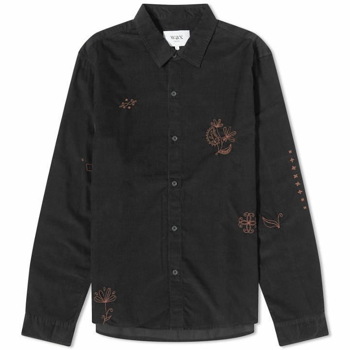 Photo: Wax London Men's Micro Cord Embroidered Trin Shirt in Black/Market Stitch