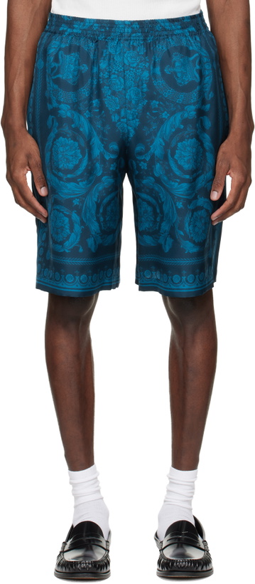 Photo: Versace Blue Barocco Silk Shorts