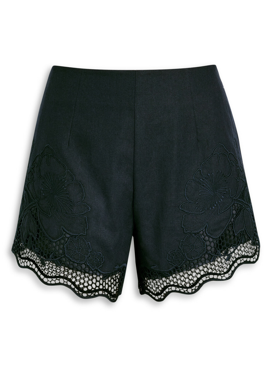 Clea Jade Floral-embroidered Linen-blend Shorts Navy
