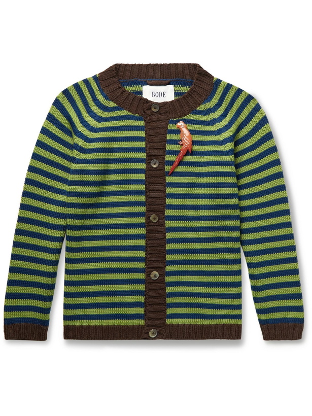 Photo: BODE - Green River Embellished Striped Merino Wool Cardigan - Green