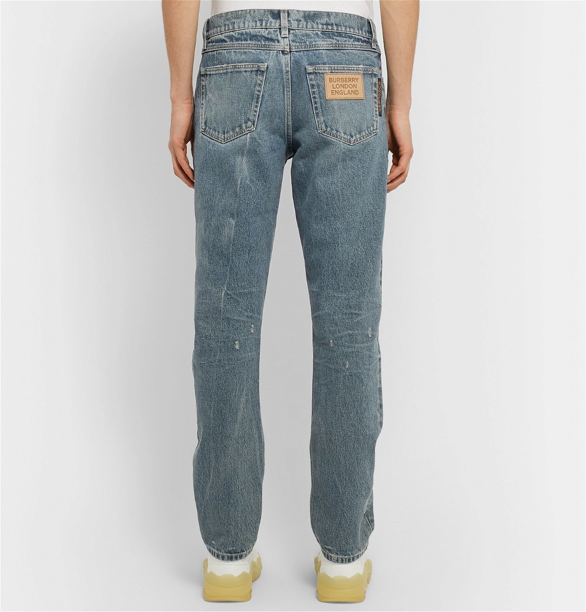 Burberry - Leather-Trimmed Distressed Denim Jeans - Blue Burberry