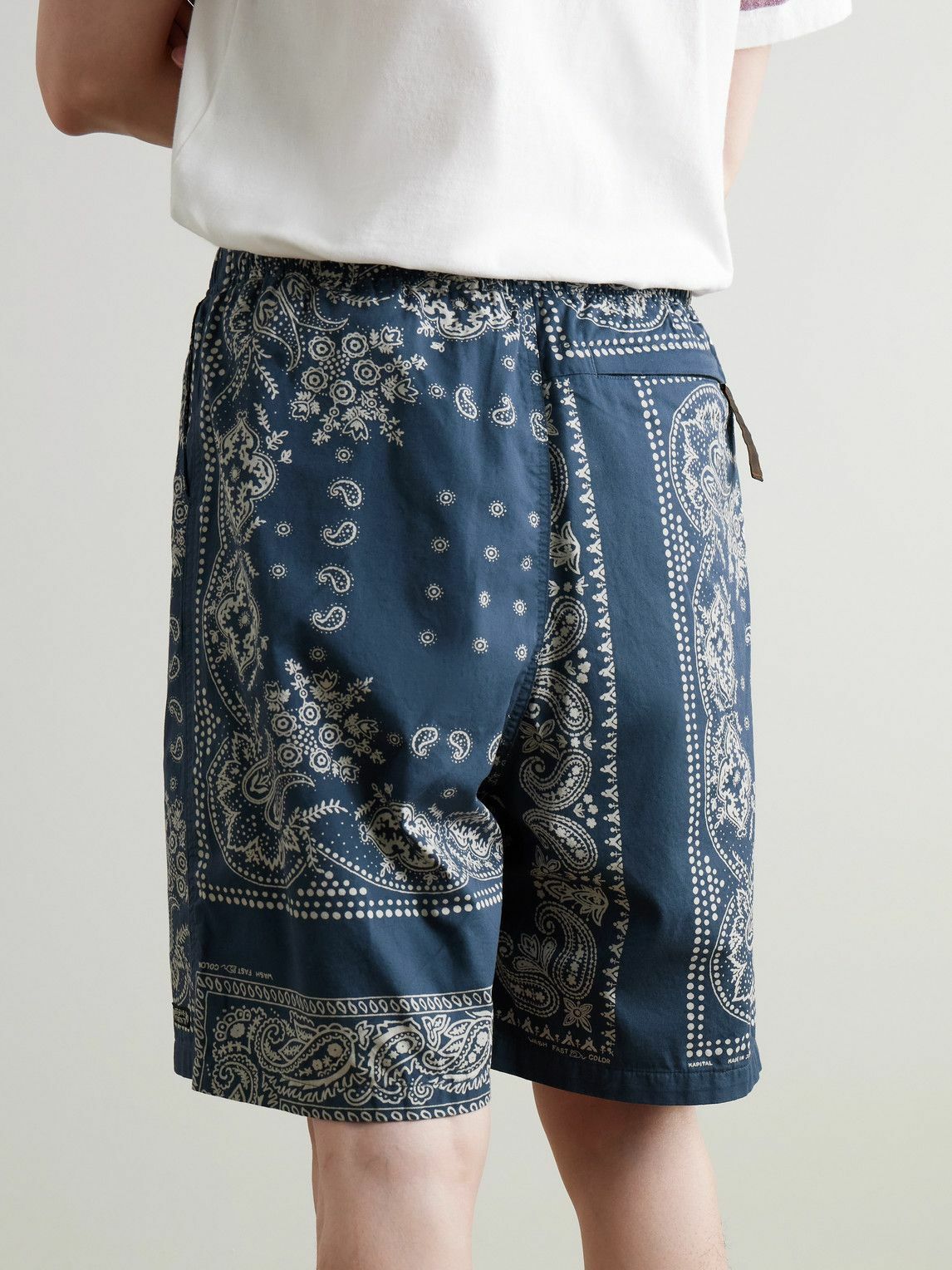 KAPITAL - Straight-Leg Belted Bandana-Print Patchwork Cotton-Twill Shorts - Blue