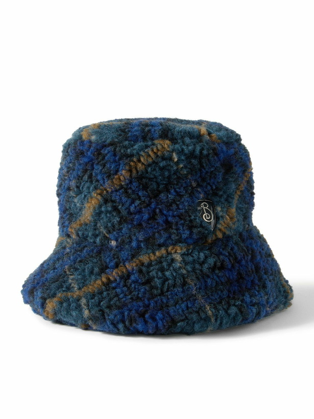 Photo: Burberry - Logo-Appliquéd Checked Wool-Blend Fleece Bucket Hat - Blue