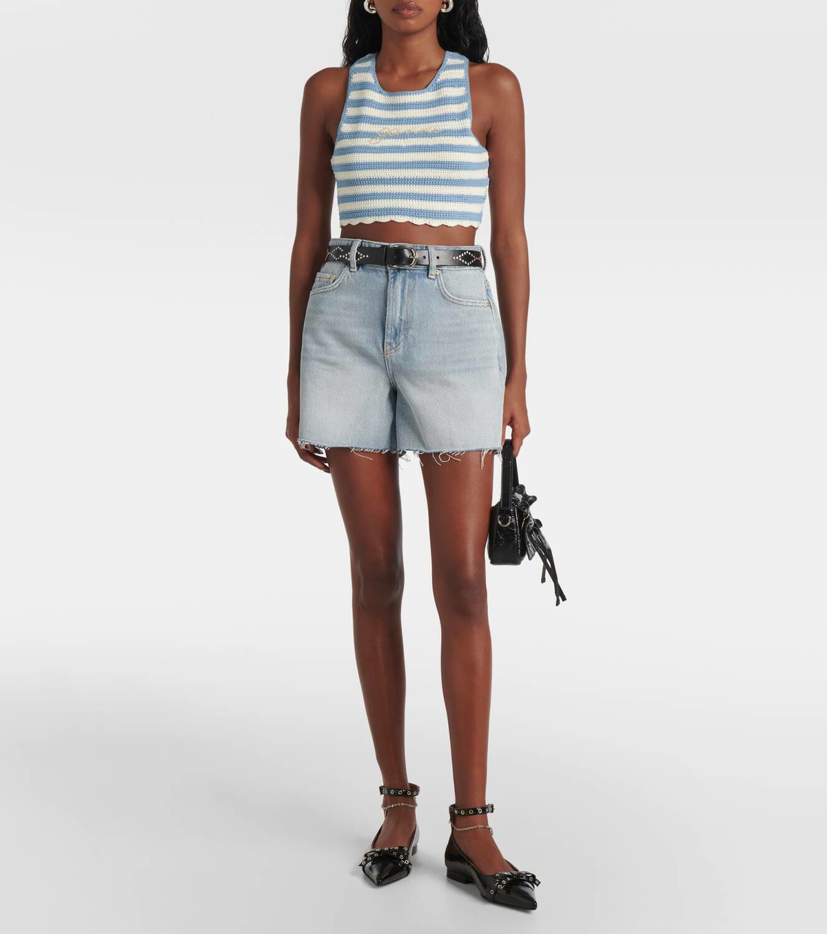 Ganni Striped cotton crochet crop top GANNI