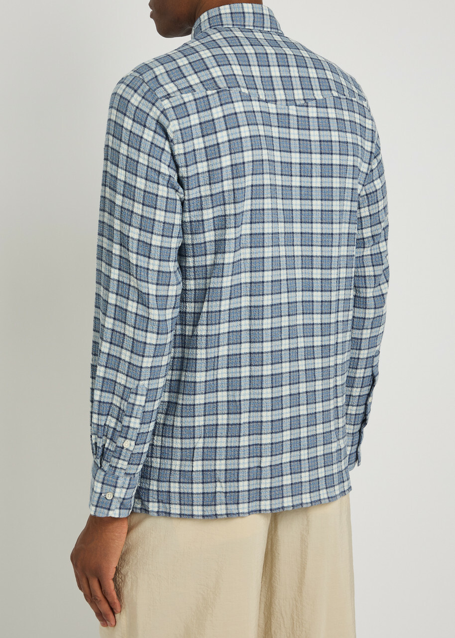 Officine Générale Arsene Checked Waffle Stretch-cotton Shirt Blue