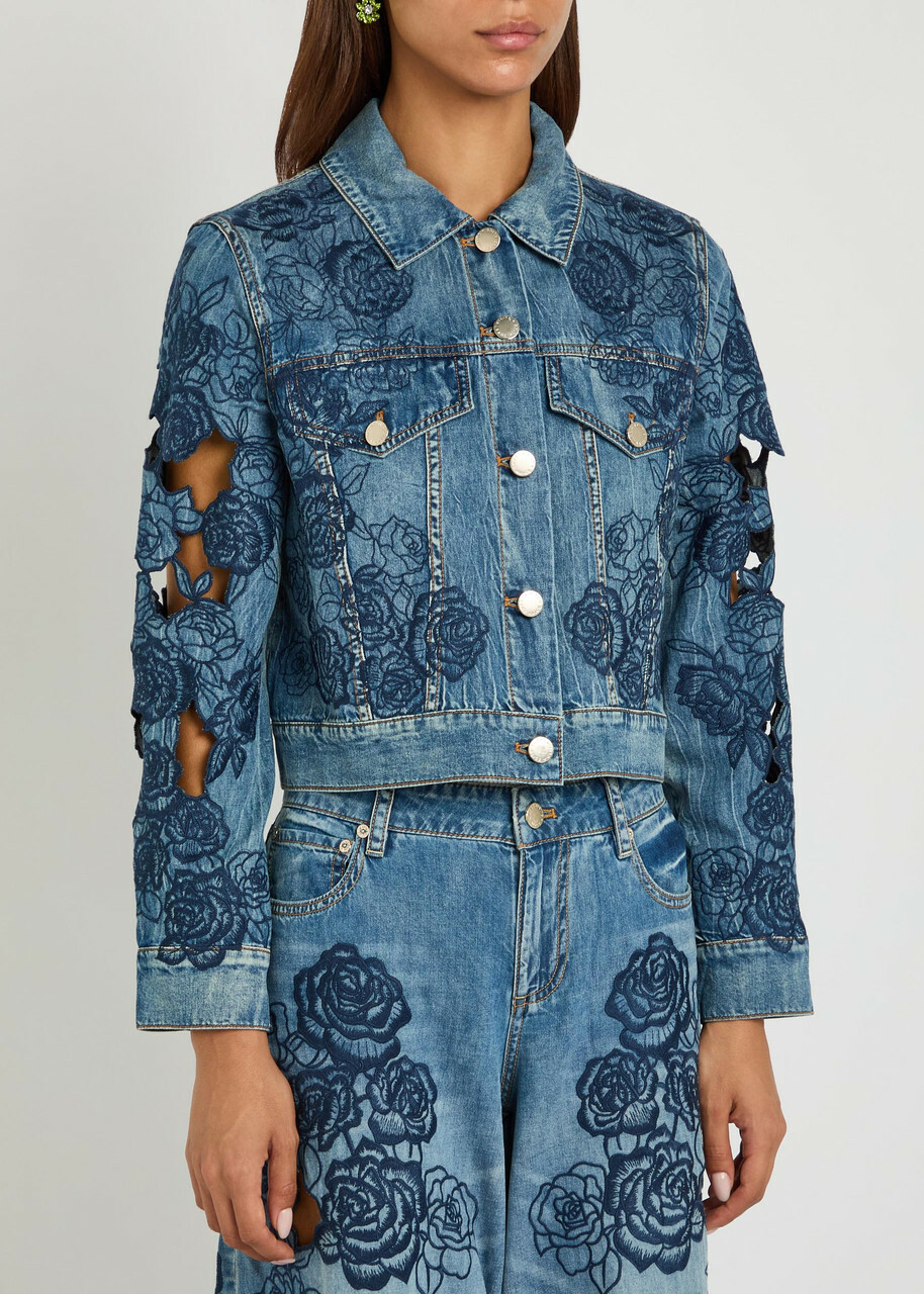 Alice + Olivia Chloe Embroidered Cut-out Denim Jacket Blue