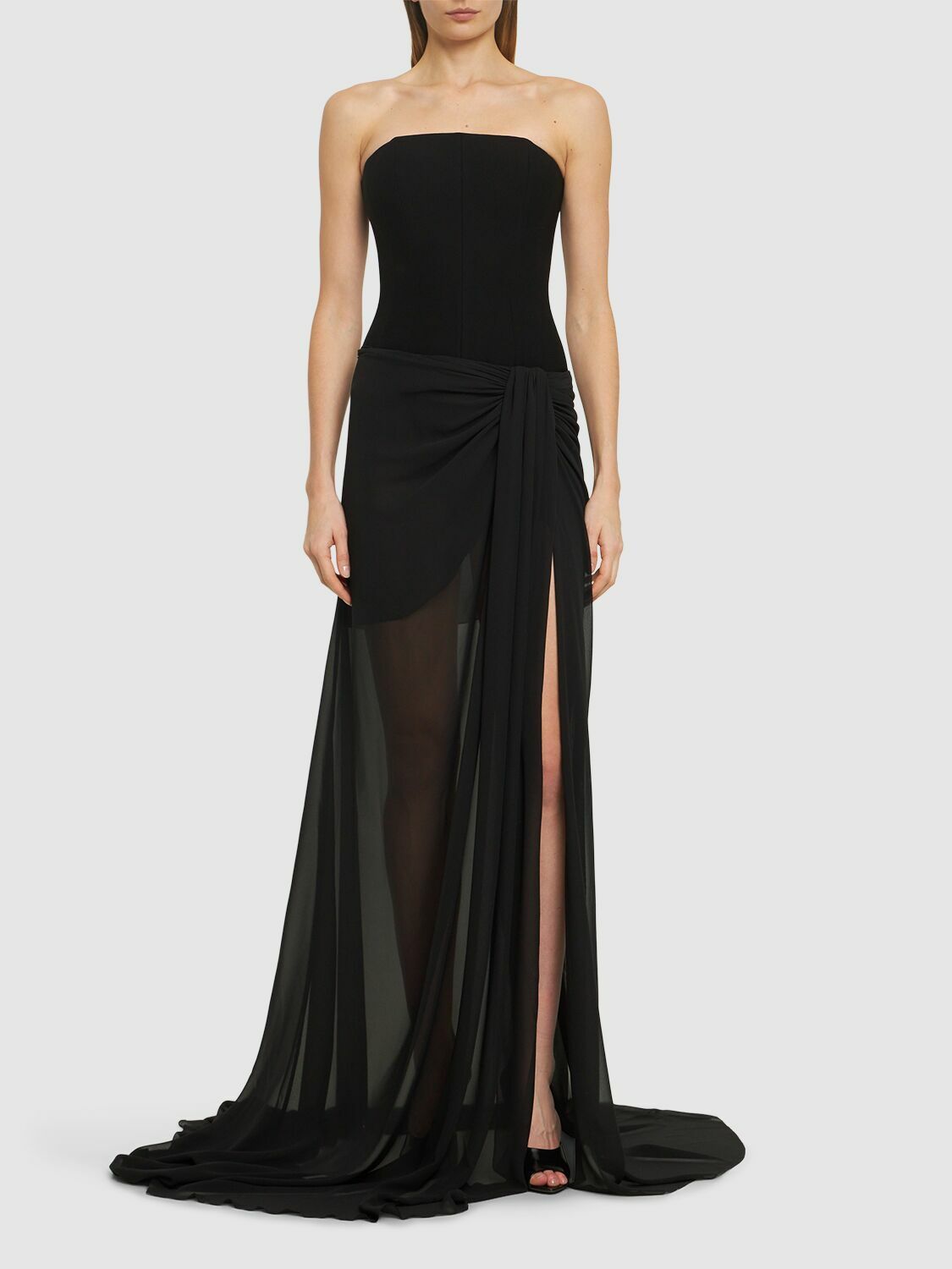 MÔNOT Draped Georgette Long Skirt with Train Monot