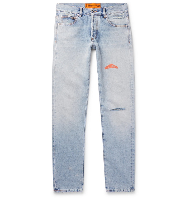 Photo: Heron Preston - Slim-Fit Logo-Embroidered Distressed Denim Jeans - Blue