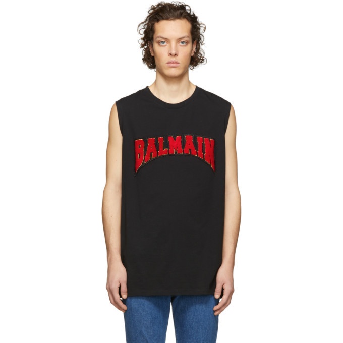 Photo: Balmain Black Cotton Logo Sleeveless T-Shirt