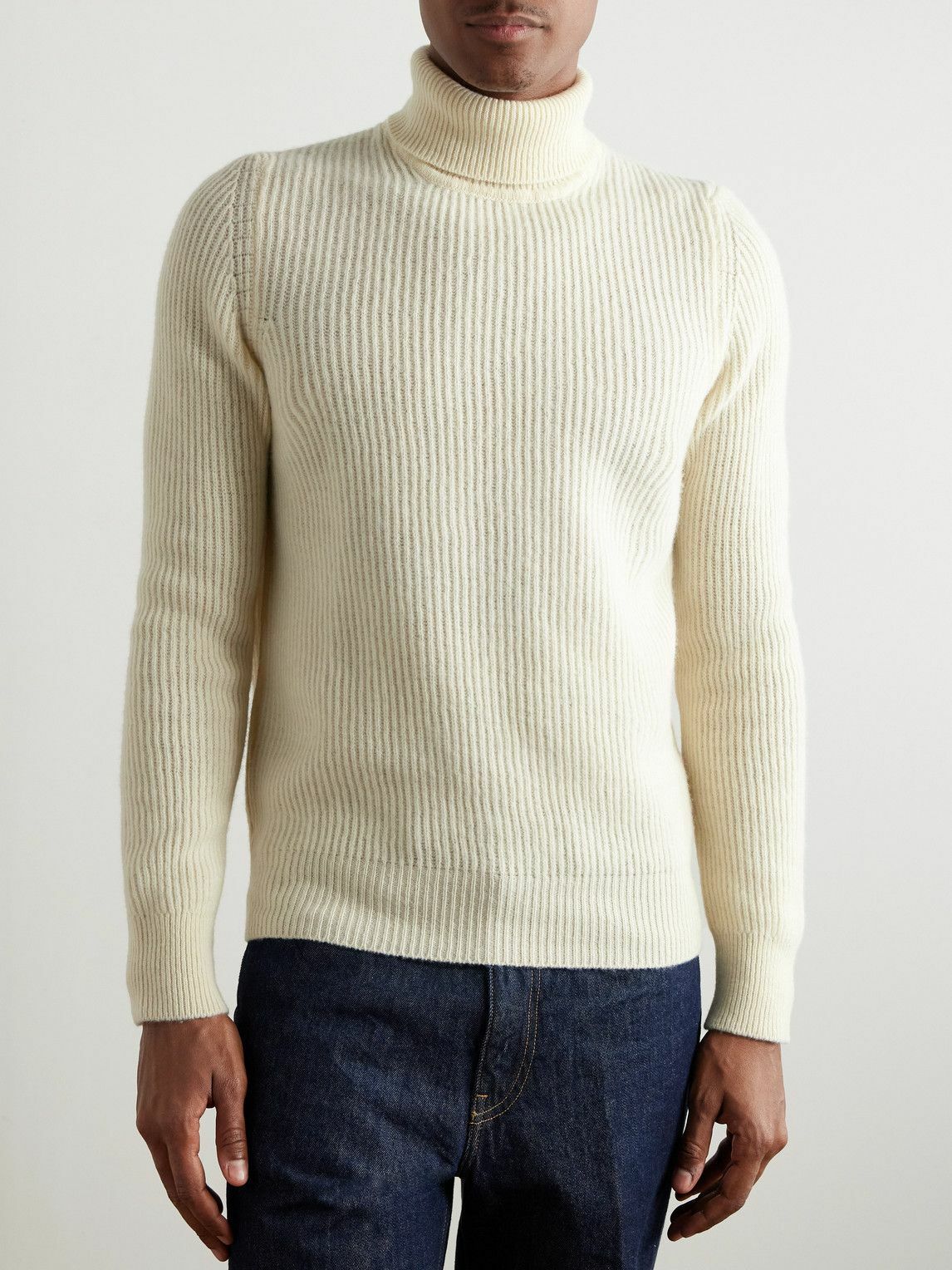 De Petrillo - Slim-Fit Ribbed Merino Wool and Cashmere-Blend Rollneck Sweater - Neutrals